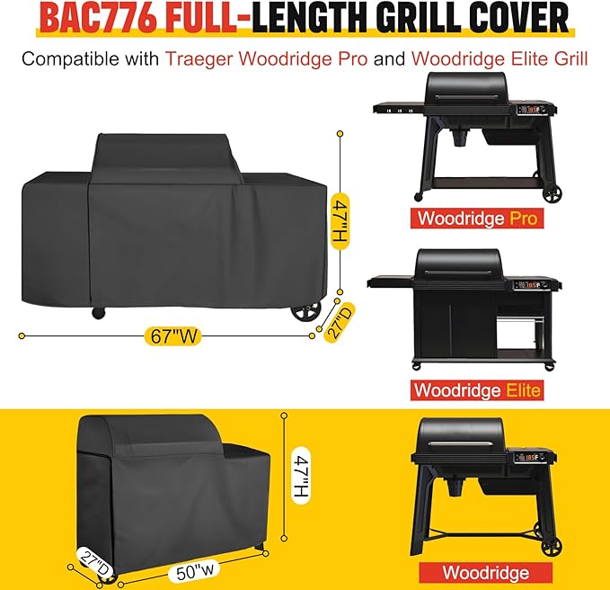 Heavy Duty Full-Length BAC776 Grill Cover with Side Zipper, Compatible with Traeger Woodridge Pro Cover BAC776 Woodridge Elite Grill Cover, 600D All Weather Grill Accessory