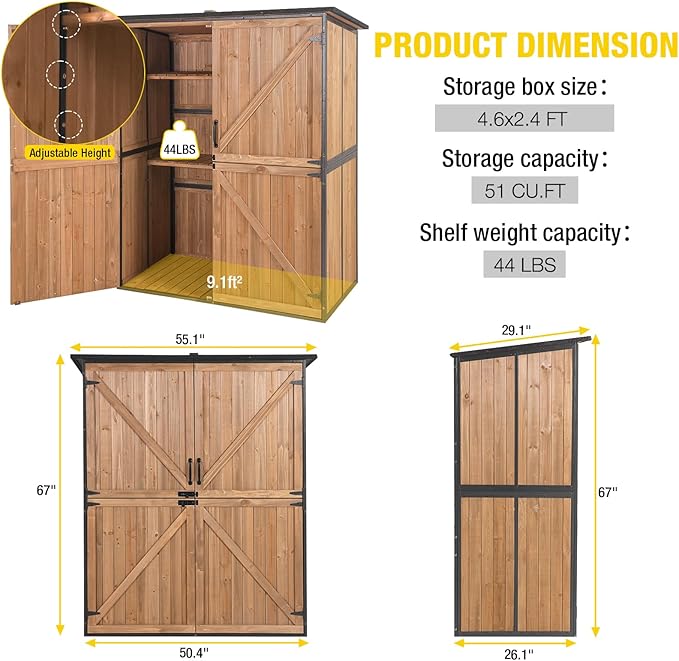 Aivituvin Outdoor Storage Shed Upgraded with Strong Metal Frame Garden Tool Shed Storage House Cabinet with Adjustable Shelfs and Wooden Floor 4.6 x 2.42FT (Brown)