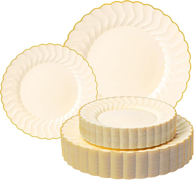 Lullaby 60PCS Light Yellow Plastic Plates, Disposable Elegant Plates Include 30pcs Dinner Plate 10.25", 30pcs Plastic Dessert Plate 7.5", Perfect for Wedding and Party