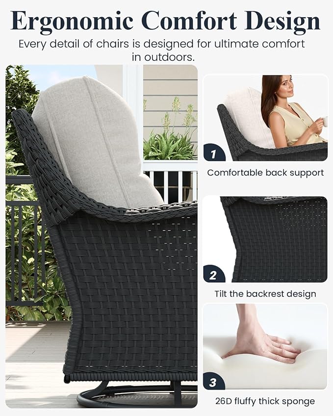 LayinSun 7 Piece Wicker Outdoor Furniture Set with 6-inch Comfy Cushions, High Back Patio Furniture Set with Swivel Rocking Chairs and Fire Pit Table