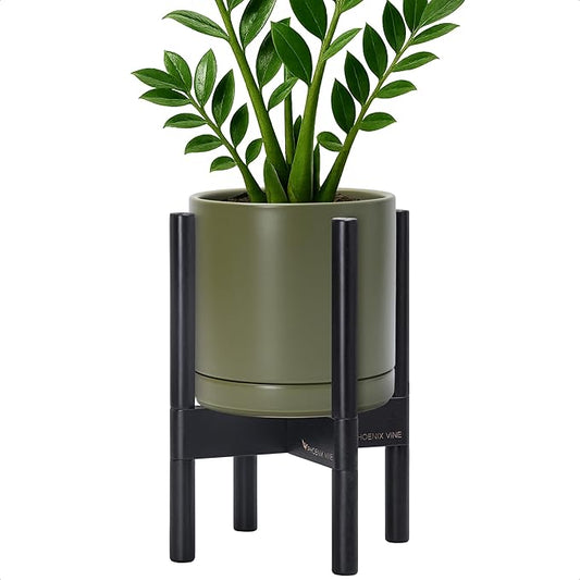 D'vine Dev Ceramic Planter with Ebony Stand - 8 Inch Modern Round Flower Pot with Wood Planter Holder, Olive, 55-B-M-J