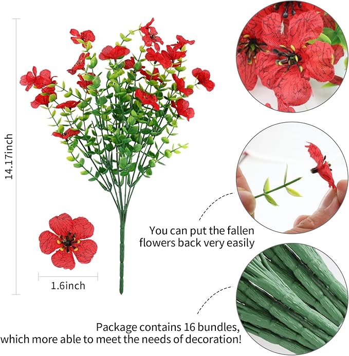 Artificial Fake Flowers Outdoor Spring Summer Decoration, 16 Bundles Faux Eucalyptus Violet Realistic UV Resistant for Outside Home Planter Porch Patio Yard Decor (Red Eucalyptus)