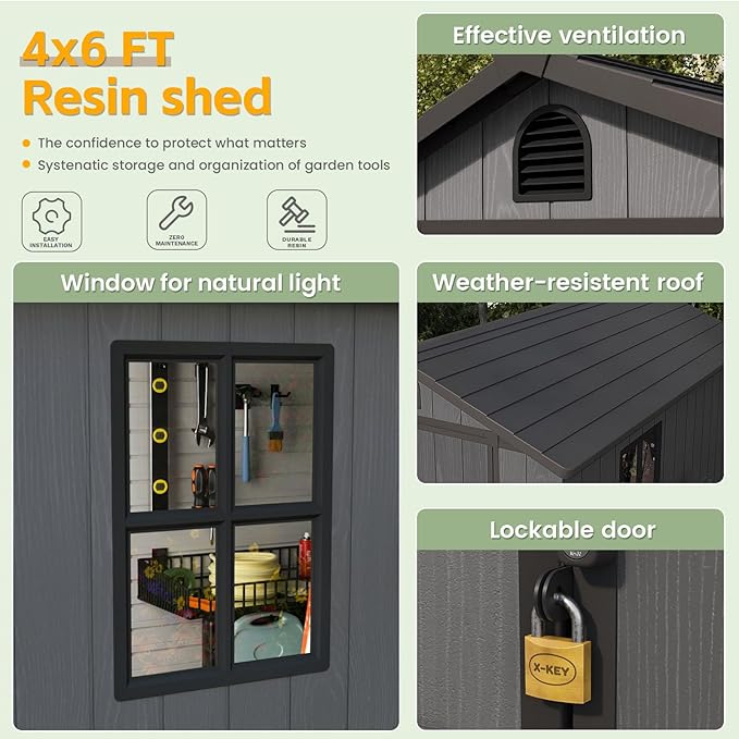 Patiowell 4' x 6' Outdoor Storage Shed with Floor, Plastic Shed Outside Resin Tool Shed with Window and Lockable Door for Backyard Garden Patio Lawn, Dark Grey (Fit-it Shed)