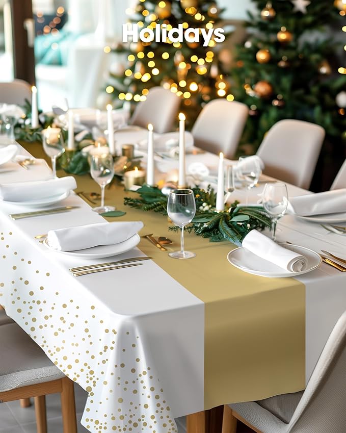 Pureegg Plastic Table Cloth Disposable 8 Pack, 54 x 108 Inch, Table Runner Style, Graduation Decorations 2025, Party Tablecloths, Rectangle, Plastic Cover, Leakproof & Sturdy, White Gold