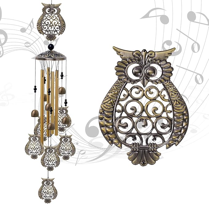 Garden Owl Wind Chimes Outdoor Indoor Decor - with 4 Tubes 6 Bells 7 Owls 36In Waterproof Mobile Romantic Windchimes, Owls Wind Catcher for Home, Xmas Mom Gifts, Balcony, Festival, Garden Decoration