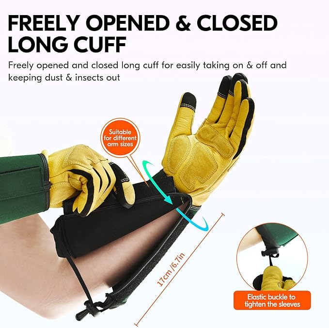 Vgo... Safety Work Gloves Men,Extra-long Cuff, Cow Grain Leather,Puncture-proof, Thornproof, Durability, Touchscreen,Gardening (1 Pair,Size L, Golden Green, CA7472)