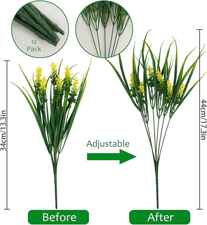 36 Bundles Artificial Plants Outdoor, 18.2" UV Resistant Faux Monkey Grass Greenery Stems No Fade Faux Plastic Flowers Shrubs for Home Weddings Garden Porch Front Patio Office Decor - Yellow