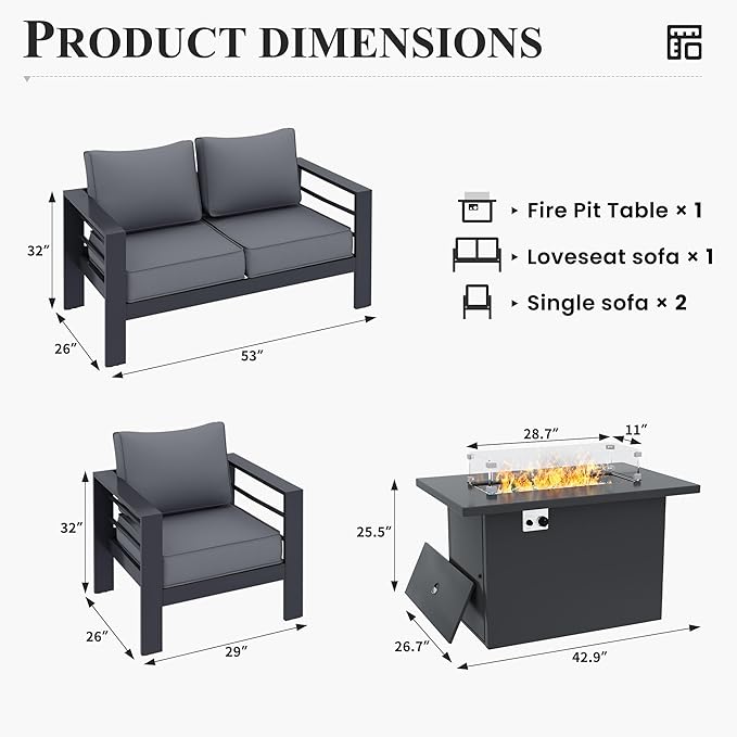 Patio Furniture Set with Fire Pit Table, Aluminum Patio Furniture Set,Grey Outdoor Metal Sectional Sofa with Aluminum Fire Pit Table for Garden Backyard (Include Waterproof Cover)