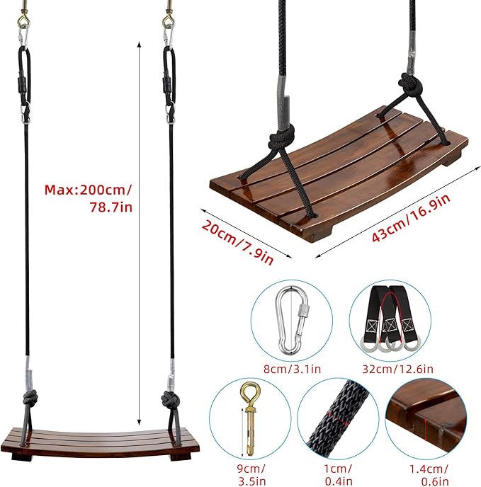 PELLOR Wood Swing Seat, Carbonized Hanging Wood Tree Swing 16.9 x7.9 x0.5 in for Adult Kids Children Anticorrosive & 100% Waterproof Wooden Swing Set 440lbs Load Indoor Outdoor Backyard Play