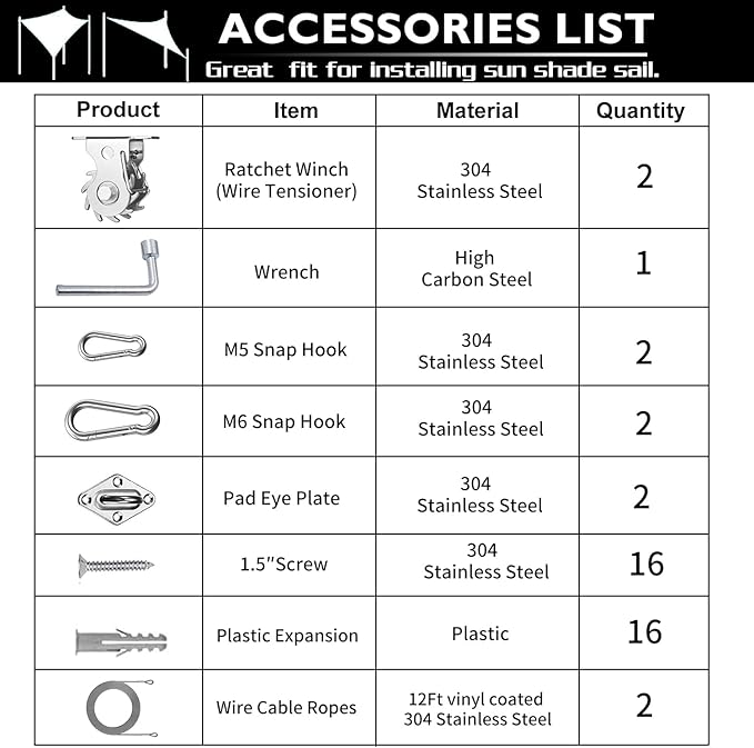 Shade Sail Hardware Kit with Ratchet Winch Wire Tensioner for Rectangle/Triangle Shade Sail Installation, 304 Grade Stainless for Garden, Outdoors (Winch + Hardware Kit + Cables)