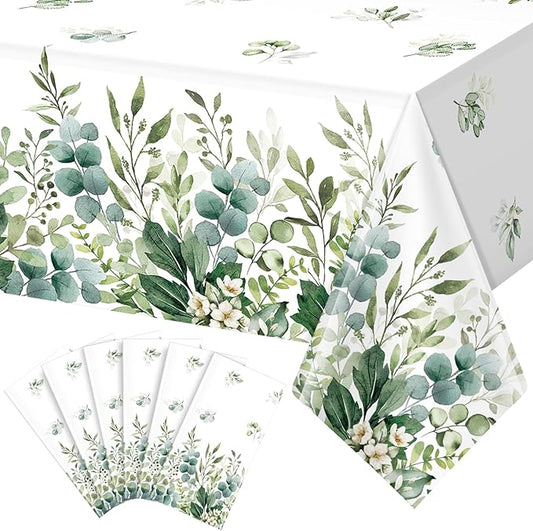 6 Pack Spring Sage Green Baby Shower Plastic Tablecloth, Eucalyptus Leaf Disposable Table Cover, Summer Rectangle Table Cloth for Bridal Baby Shower Birthday Wedding Party Decorations, 54x108 Inch
