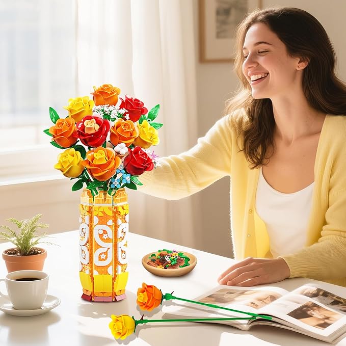 Flower Bouquet Building Set with Vase & LED Light, Yellow, Orange and Red Roses 3.6MM Mini Botanical Building Block Toys, Gifts for Friends, Artificial Flowers for Office Home Decor & Display