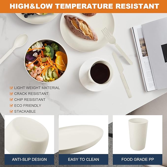 Wheat Straw Dinnerware Sets - 24 pcs Lightweight Bowls Unbreakable Dish Set Dishwasher Microwave Safe Wheat Straw Cups Cutlery Plates and Bowls Set for 4 Suitable for Camping Party Grill（White）