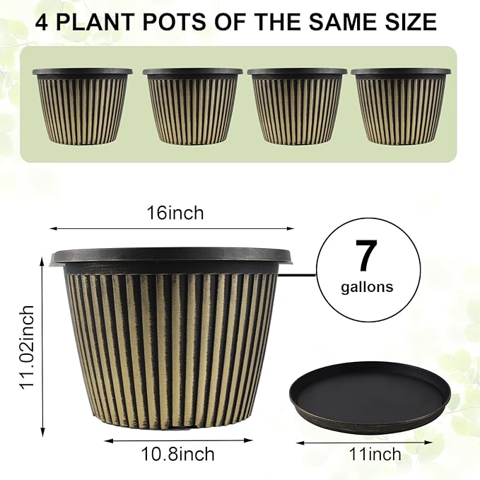 Large-Planter-Indoor-Outdoor Plant Pots, 16 inch 4 Pack Plastic Flower Pots with Saucer and Drainage Holes, Modern Garden Planters for Planting Medium Large Plants， Decorative Resin Garden Pots