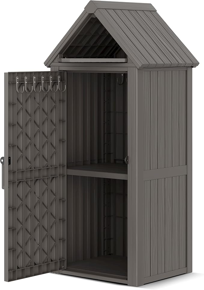 Outdoor Storage Shed – Durable Resin with Sloping Roof and Lockable Door, Waterproof Storage Cabinet with Ample Space, Multiple Hooks for Backyard, Garden, Patio & Lawn Grey