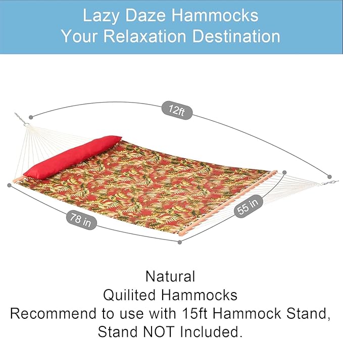 Lazy Daze Quilted Fabric Hammock with Spreader Bar, 2-Person Double Hammock for Outside Patio Poolside Backyard Beach, 450 lbs Capacity, Red Leaf