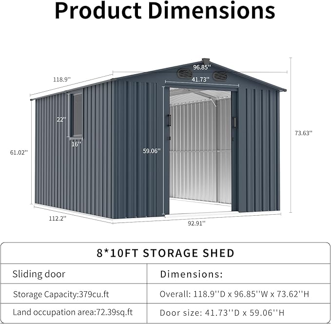 Outdoor Storage Shed 8x10 FT with Window - Metal Sheds & Outdoor Storage for Motorcycle, Bike, Garden Tool, Lawnmower - Backyard Tool Building with 1 Sliding Door and 4 Vents (Without Floor)