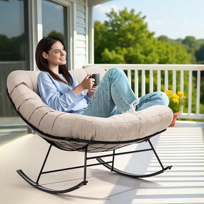 Bme Patio Rocking Chair Outdoor & Indoor, Metal Patio Lounge Rocking Chair with Thick Cushion, Comfy Modern Rocker Chair for Living Room, Porch, Backyard, Beige Cushion - Black Matte Rocker