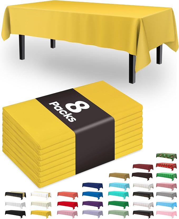 Pureegg Plastic Table Cloth Disposable 8 Pack, 54 x 108 Inch Table Cloths, Easter Party, Decorative Tablecloths, Rectangle, Lemon, Pastel Plastic Cover, Leakproof & Sturdy, Yellow