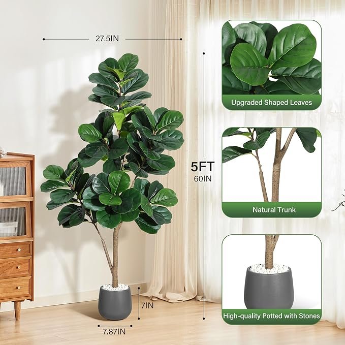 5FT Fiddle Leaf Fig Tree Artificial with 77 Leaves - Realistic Faux Ficus Lyrata Trees in 7.8" Grey Planter Pot, Indoor Fake Floor Plants for Home Office Living Room Decor, Housewarming Gift