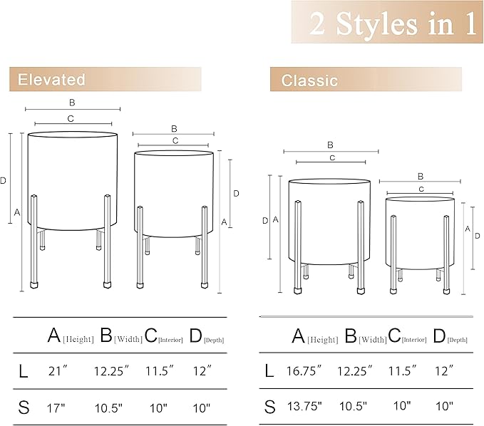 ARNIS Modern Plant Pots, Large Planters with Stand, Set of 2 Decorative Planters, Metal Pots with Drainage Holes for Living Room, Office, Garden or Balcony, 10.5 &12.55 Inch, Dirt