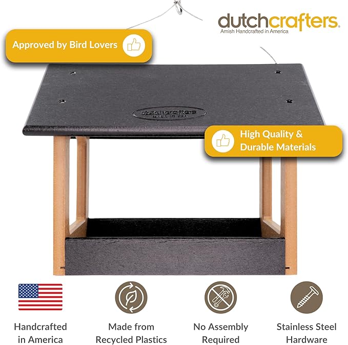 DutchCrafters Amish USA Made Recycled Plastic Large Hanging Modern Fly Through Covered Roof Open Platform Tray Bird Feeder for Outdoors, Garden, Yard (Black & Bright Cedar)