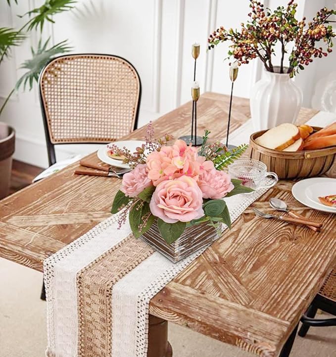 DILATATA Flower Arrangement with Wooden Vase 8" Artificial Flowers in Pot - Fake Flowers Roses Peonies Hydrangeas in Wooden Vase Potted Flower Centerpieces for Table Decor Living Room - Dusty Pink