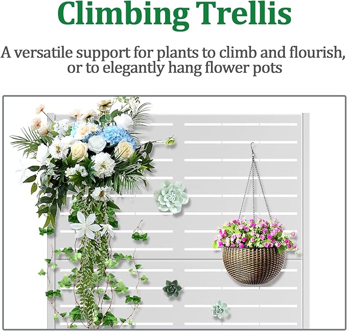 Metal Raised Garden Bed with Trellis, 2 in 1 Trellis with Planter Box & Privacy Screen for Climbing Plants, Vine, Outdoor Standing Flower Beds with Drainage Holes, 35.4"L x 15.7"W x 70.9"H, White