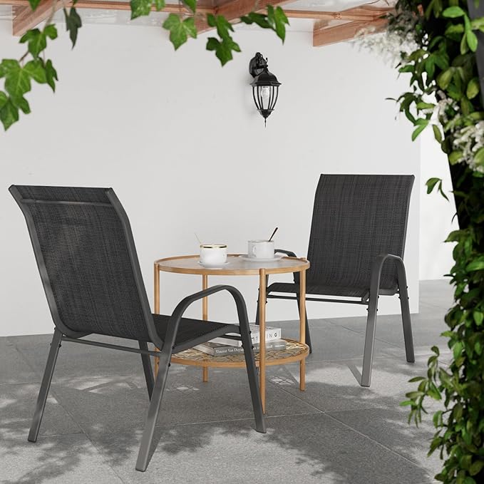 Patio Dining Chairs Set of 2, Outdoor Stackable Chairs, Breathable Seat and Alloy Steel Frame Fit for Backyard,Garden,Porch, Lawn，Poolside (Dark Grey)