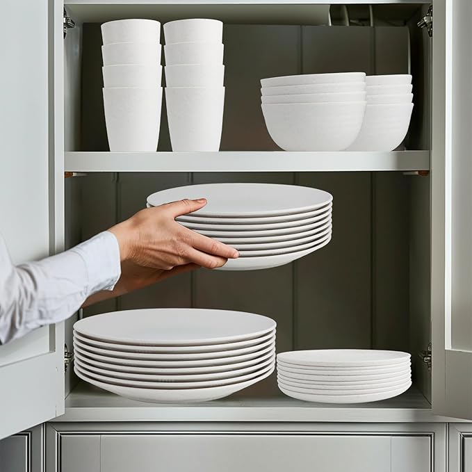 Wrova Wheat straw bowl and plate sets of 40 with cups for kids - Unbreakable plastic dinnerware sets service for 8 - Microwave and Dishwasher safe dish sets for kitchen and camping. White