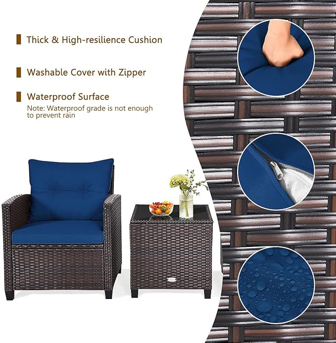 HAPPYGRILL 3 Pieces Patio Conversation Set, Outdoor Furniture Set PE Rattan Sofa Set with Removable Cushions, PE Wicker Chairs with Tempered Glass Side Table for Porch Lawn Garden Balcony Backyard