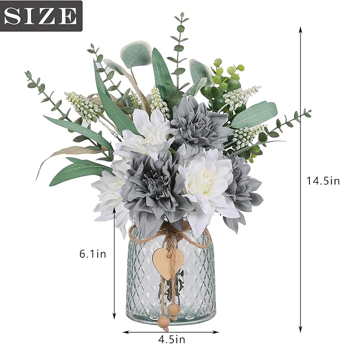 Faux Flowers with Vase,Artificial Silk Flowers in Vase, Fake Plant Eucalyptus and Willow,Flower Arrangement for Home Farmhouse kitchen Dining Table Centerpiece Decorations Table Decor (Grey Blue)