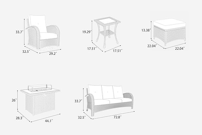 LayinSun 7 Pieces Outdoor Patio Furniture Set with Fire Pit Table, Rattan Wicker Sectional Swivel Rocker Chairs Sets