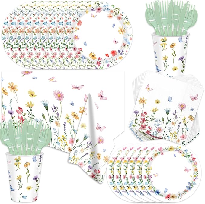 141Pcs Wildflower Party Decorations Spring Floral Birthday Decorations for 20 Guests - Tableware Plates and Napkins Forks Cups Straws Tablecloch for Baby Shower Party Decorations