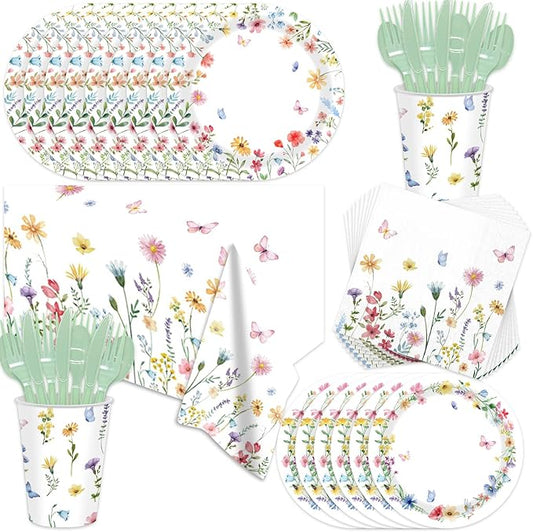 141Pcs Wildflower Party Decorations Spring Floral Birthday Decorations for 20 Guests - Tableware Plates and Napkins Forks Cups Straws Tablecloch for Baby Shower Party Decorations