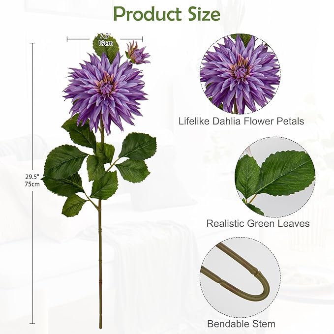 3Pcs Purple Artificial Dahlia Flowers 29.5" Fake Flower Silk Flowers with Long Stem Floral Arrangements Bouquets Faux Dahlias Flowers for DIY Wedding Party Centerpieces Decor Home Office Decoration
