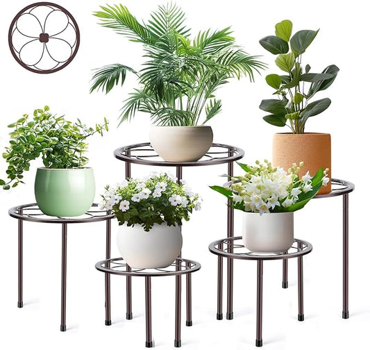 5 Pack Metal Plant Stand, Anti-Rust Iron Plant Stands for Indoor and Outdoor, Heavy Duty Flower Pot Stands for Multiple Plant, Black Potted Plant Holder for Garden Home (5 Pack Brown)