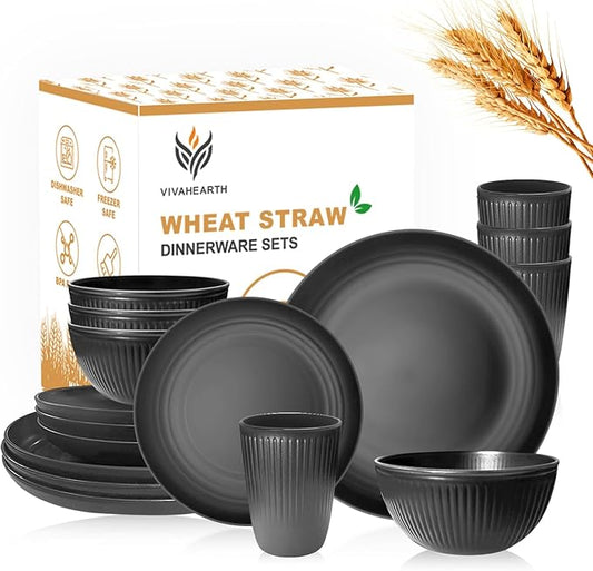 Wheat Straw Dishes Set for 4, Dinnerware Sets 16 piece, Unbreakable Plates, Bowls, Cups Sets for Kitchen Parties Camping RV - Grey