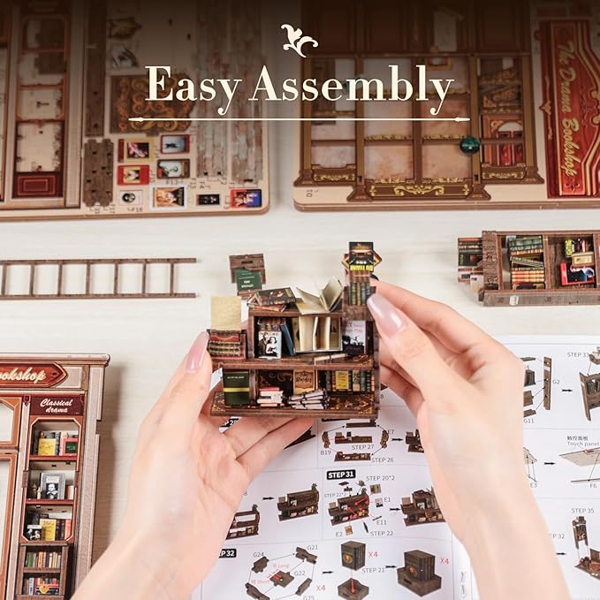 Fsolis Book Nook Kit, DIY Miniature Scene Kit for Adults and Beginners 3D Wood Puzzles Tiny House Room Kit Mini Craft Bookshelf Decor Gifts for Women Teenagers Book Lovers (The Drama Bookshop)