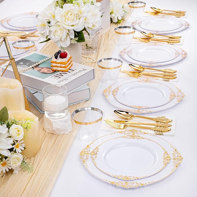 Hioasis 350pcs White and Gold Plastic Plates - Elegant Disposable Dinnerware Set Include 10.25" Dinner & 7.5" Dessert Plates, Knives, Forks, Spoons, Napkins, Cups for Party & Thanksgiving