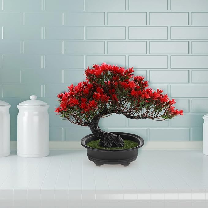 Hemoton Fake Bonsai Tree Artificial Pine Tree Christmas Party Decoration Bonsai Home Décor Fake Plants for Wall Farmhouse Room Décor 12.59x9.44 Red Artificial Bonsai Tree Realistic