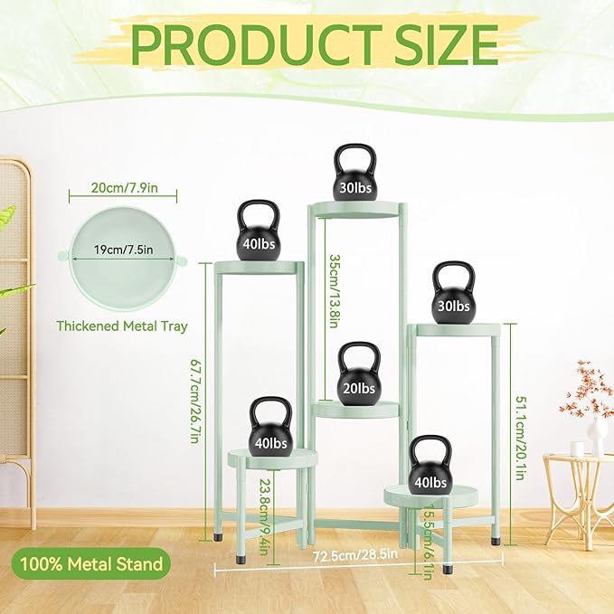 iDavosic.ly Plant Stand Indoor Outdoor, 6 Tier Corner Metal Flower Display Holder Shelf, Folding Tall Orchid Rack for Patio Balcony Porch Garden Living Room House, Light Green