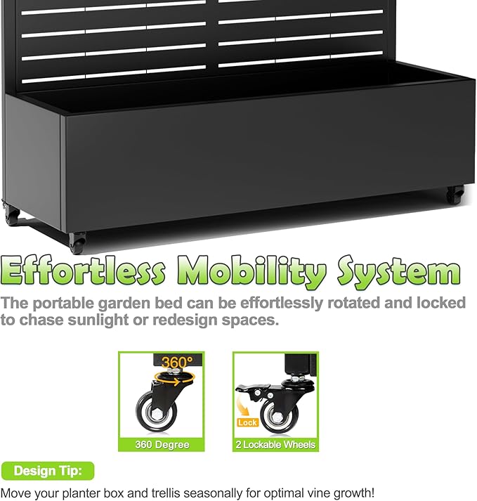 15.7"×70.9"×47.2" Metal Raised Garden Bed with Trellis and Wheels - Tall Trellis Planter Box for Climbing Plants, Vegetables & Vines - Outdoor Privacy Planters for Patio (Black-Louvered)