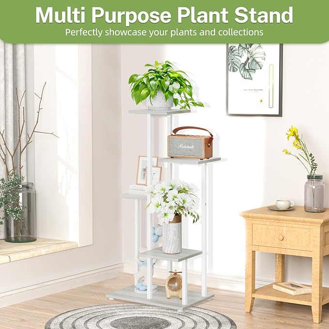 iDavosic.ly 5 Tier Plant Stand Indoor, Tiered Corner Plant Shelf for Multiple Plants, Metal Wood Tall Plant Display Rack Flower Holder for Patio Porch Garden Balcony Bedroom, White