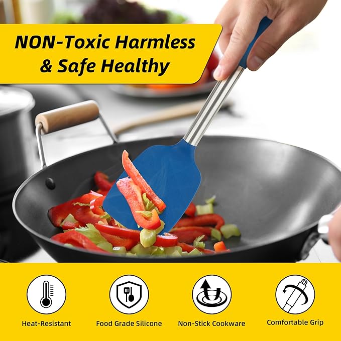 4 Pack Silicone Utensils Set, Non Stick Solid Spatulas, Heat Resistant Blue Slotted Spoons with Stainless Steel Handle, BPA Free Cooking Turner for Stir-Fry, Frying, Mixing, Serving,Draining,Turning