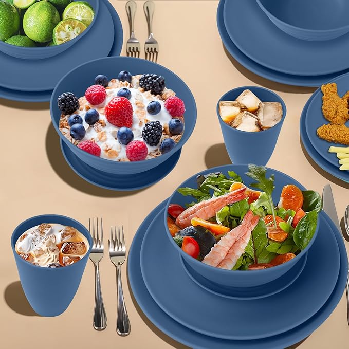 Wrova 40Pack plates and bowls sets for kids - Unbreakable wheat straw dinnerware sets service for 8 - Alternative plastic 40pcs dishes for kitchen, camping and indoors dinning - (Blue)