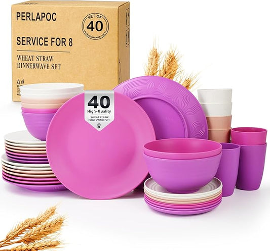 Wheat Straw Dinnerware Sets 40 PCS Bowl and Plate Sets With Cup Dishes Set for 8 Unbreakable Dish Sets Microwave Safe Plates Dinner Bowls Drinking Glasses With 4 Color - Flower Color