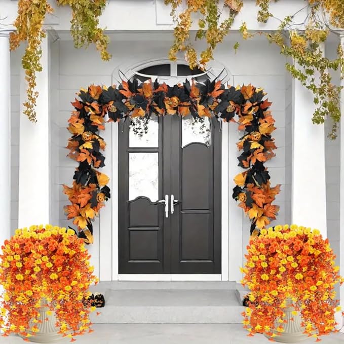 4PCS Artificial Hanging Flowers for Outdoor Decor UV Resistant Fake Morning Glory Realistic Silk Autumn Fall Hanging Plants for Porch Patio Balcony Yard (Autumn Colors)