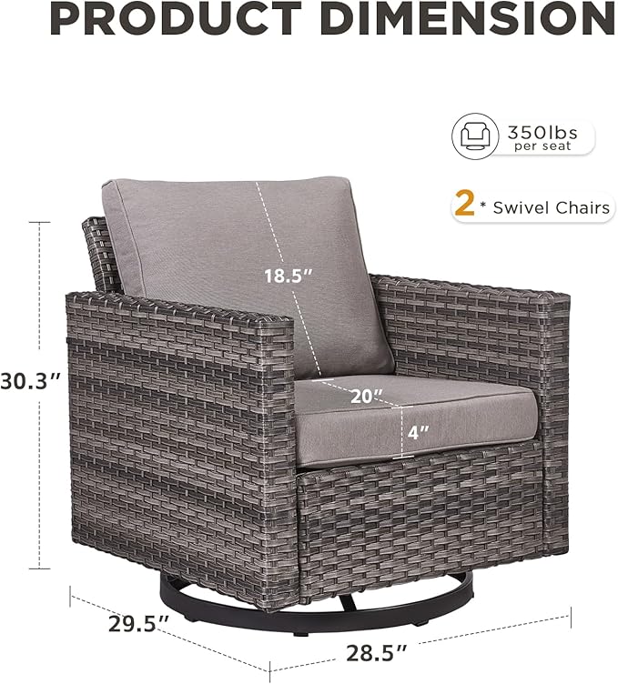 Wicker Swivel Rocker Patio Chairs-High Back Outdoor Swivel Chairs Set of 2 with Thickened Cushions Wide Armrest All Weather Patio Furniture Set for Deck Porch Balcony(Grey/Grey)