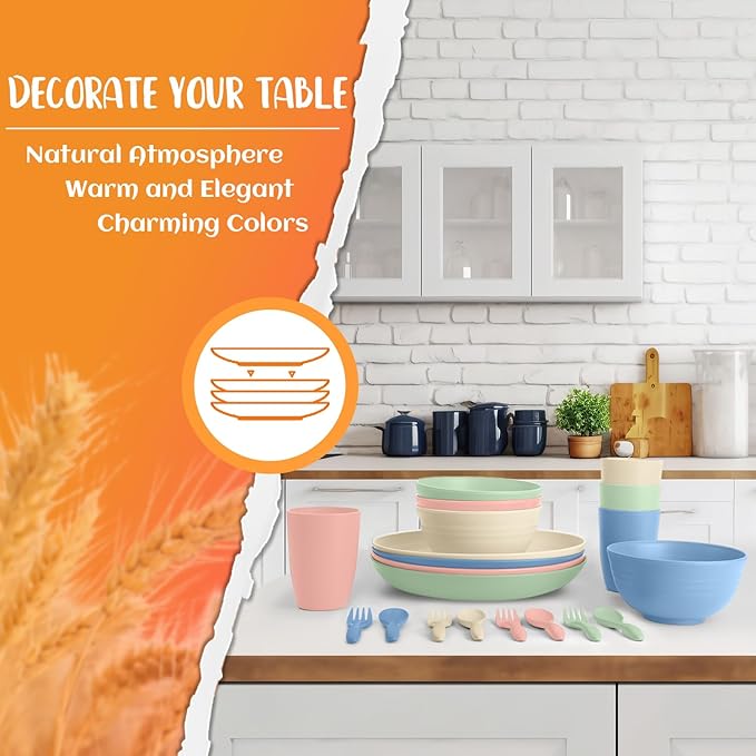 Wheat Straw Dinnerware Sets, Service for 4, Kitchen Plates and Bowls Sets with Dinner Plate/Cereal Bowl/Cup/Fork/Spoon, 20-Piece for Outdoor Camping, RV, Apartment Essentials - Colorful